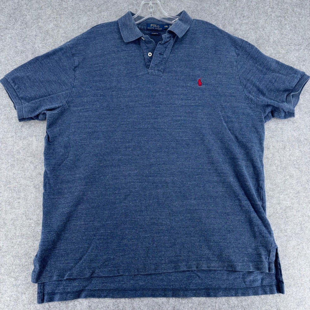 Polo Ralph Lauren Men XXL Blue Heathered Cotton Custom Fit Polo Shirt Red Pony